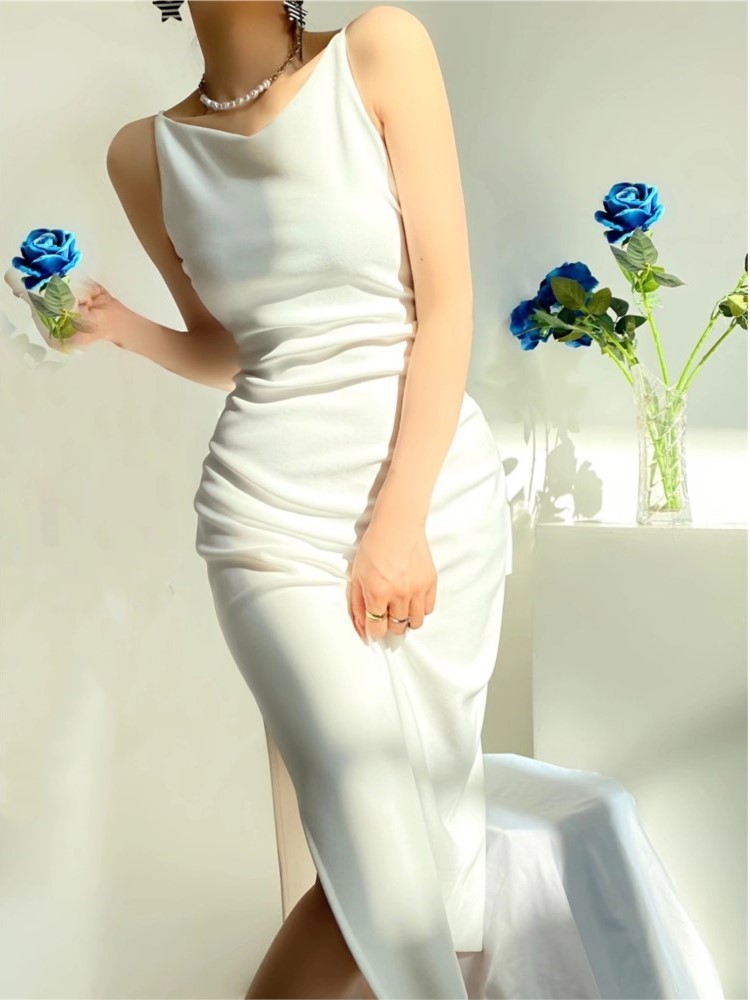 Summer New Sexy Sleeveless Strap Midi Dress Women Elegant Bodycon Birthday Party White Vestidos Female Chic Robe Clothes