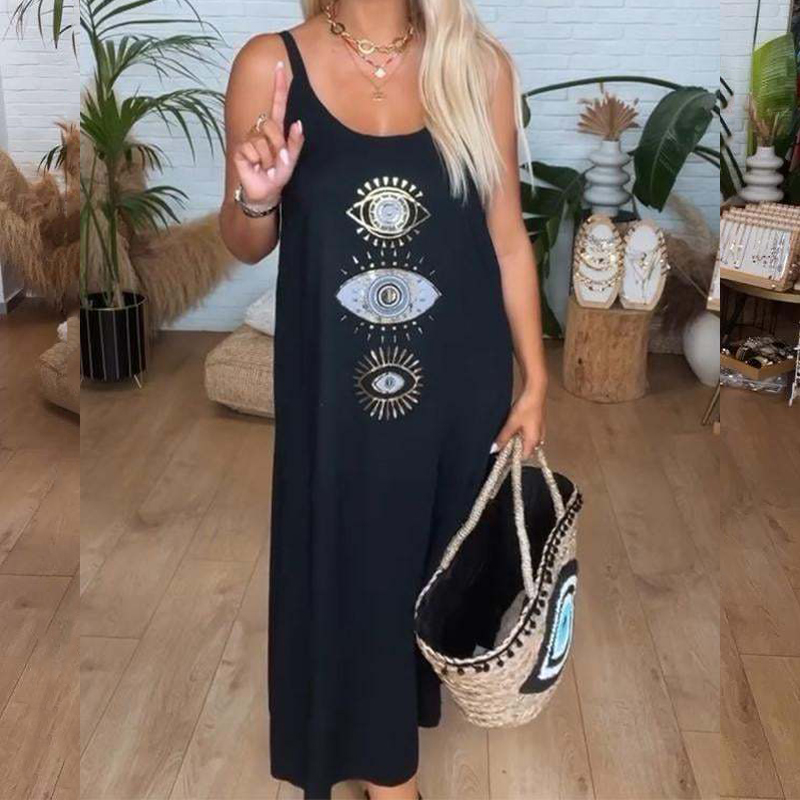 2024 Summer Pattern Printed Suspenders Dress Sexy Hollow Out Sleeveless Straight Long Dress Casual Loose Holiday Dress for Women