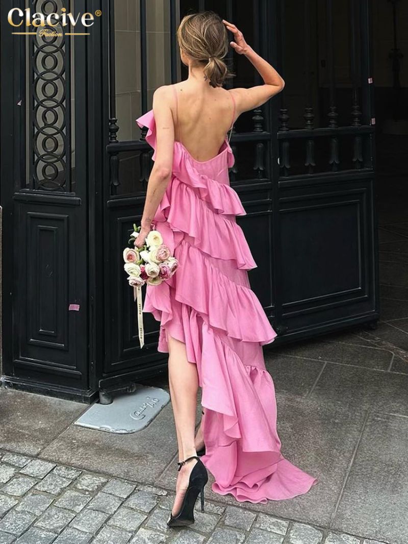 Clacive Sexy Loose Pink Women's Dress 2024 Summer Strap Sleeveless Ankle Length Dresses Elegant Classic Ruffle Female Dress