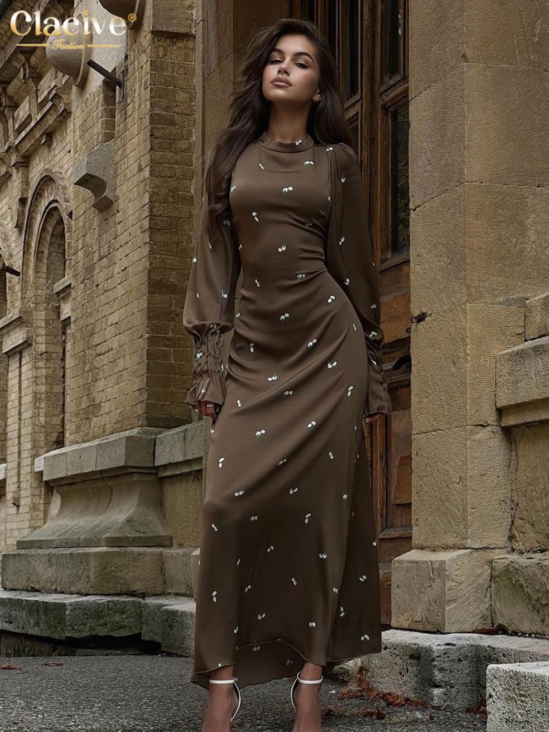 Clacive Bodycon Print Womens Dresses Fashion Slim Stand Collar Long Sleeve Ankle Length Dress Elegant Classic Female Party Dress