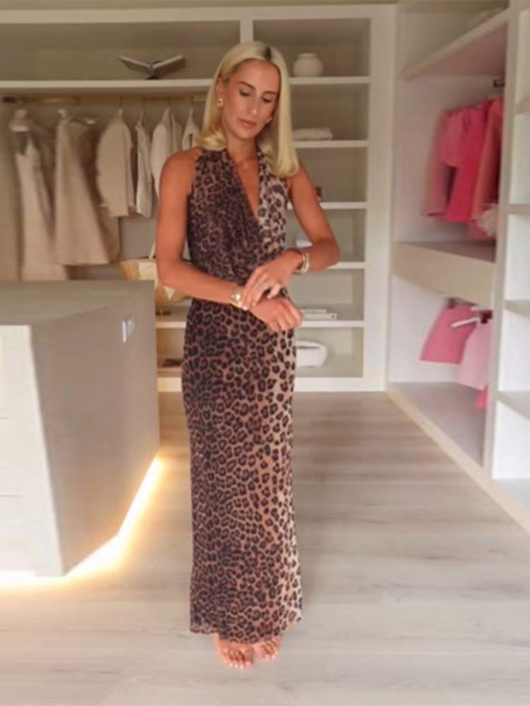 Chic Halter Swinging Collar Leopard Print Maxi Dress Sexy Lady Off Shoulder High Waist Long Dresses Female Summer Vestidos