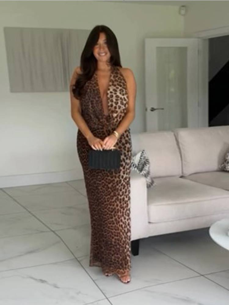 Chic Halter Swinging Collar Leopard Print Maxi Dress Sexy Lady Off Shoulder High Waist Long Dresses Female Summer Vestidos