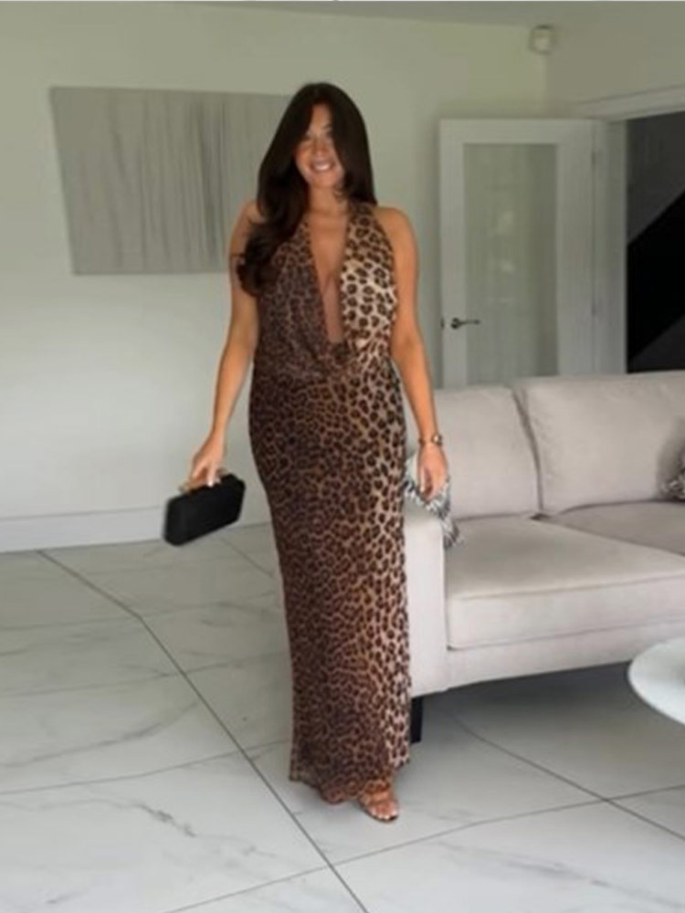 Chic Halter Swinging Collar Leopard Print Maxi Dress Sexy Lady Off Shoulder High Waist Long Dresses Female Summer Vestidos