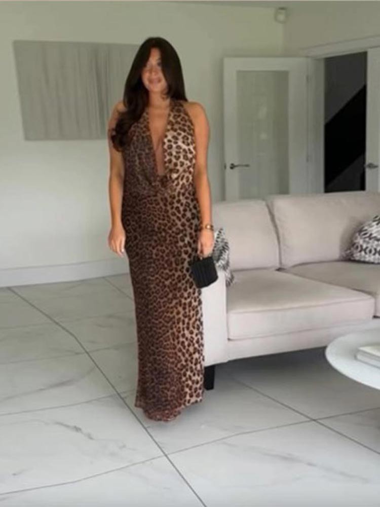 Chic Halter Swinging Collar Leopard Print Maxi Dress Sexy Lady Off Shoulder High Waist Long Dresses Female Summer Vestidos