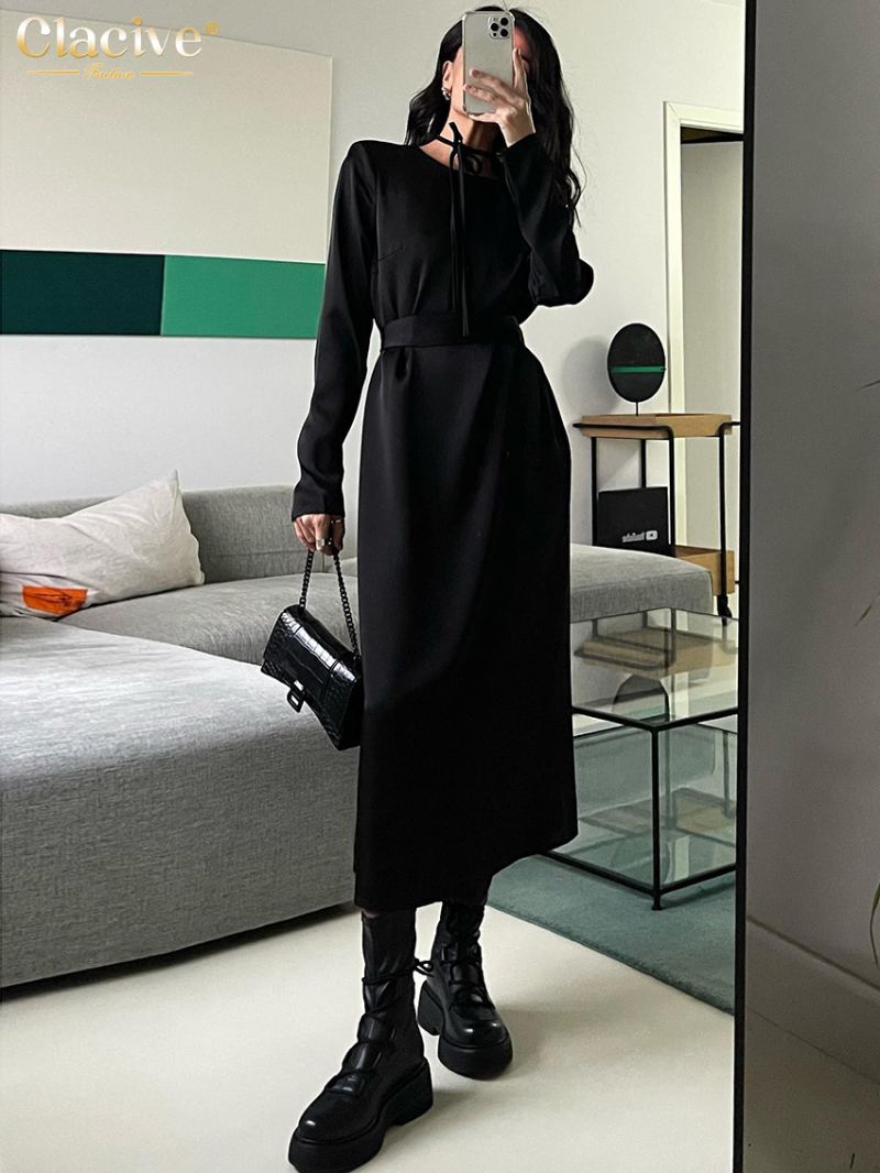 Clacive Fashion Loose Black Women'S Dress Elegant O-Neck Long Sleeve Office Ankle-Length Dresses Casual Classic Female Dress