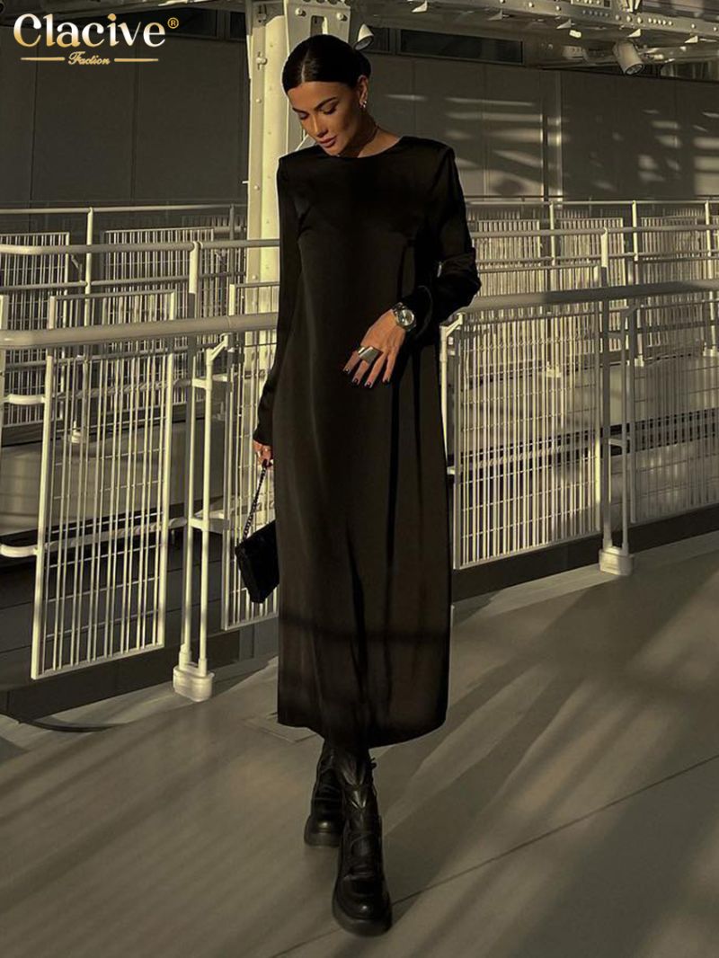 Clacive Fashion Loose Black Women'S Dress Elegant O-Neck Long Sleeve Office Ankle-Length Dresses Casual Classic Female Dress