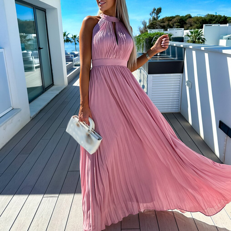 Fashion Women Hanging Neck Hollow Out Evening Dress Summer Sexy Sleeveless Pleated Waist Long Dress Elegant Ladies Party Dresses