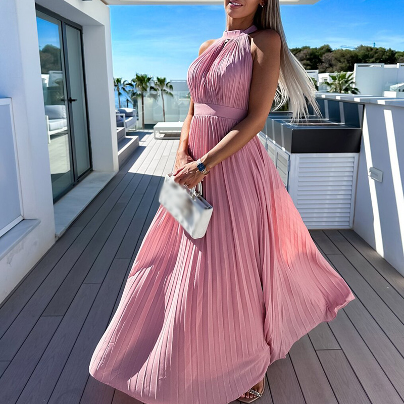 Fashion Women Hanging Neck Hollow Out Evening Dress Summer Sexy Sleeveless Pleated Waist Long Dress Elegant Ladies Party Dresses