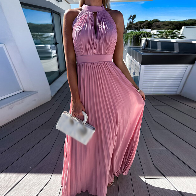 Fashion Women Hanging Neck Hollow Out Evening Dress Summer Sexy Sleeveless Pleated Waist Long Dress Elegant Ladies Party Dresses