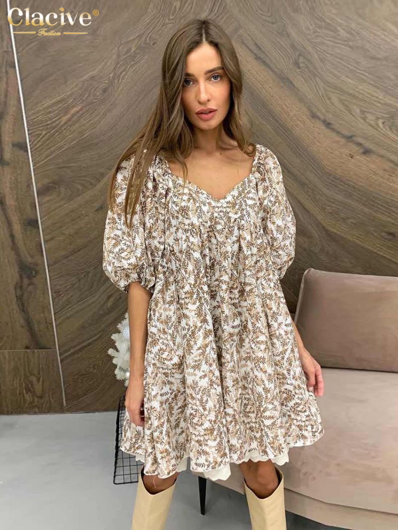 Clacive Summer Loose Pritn Women'S Dress 2023 Fashion V-Neck Short Sleeve Office Mini Dresses Elegant Patchwork Female Dress