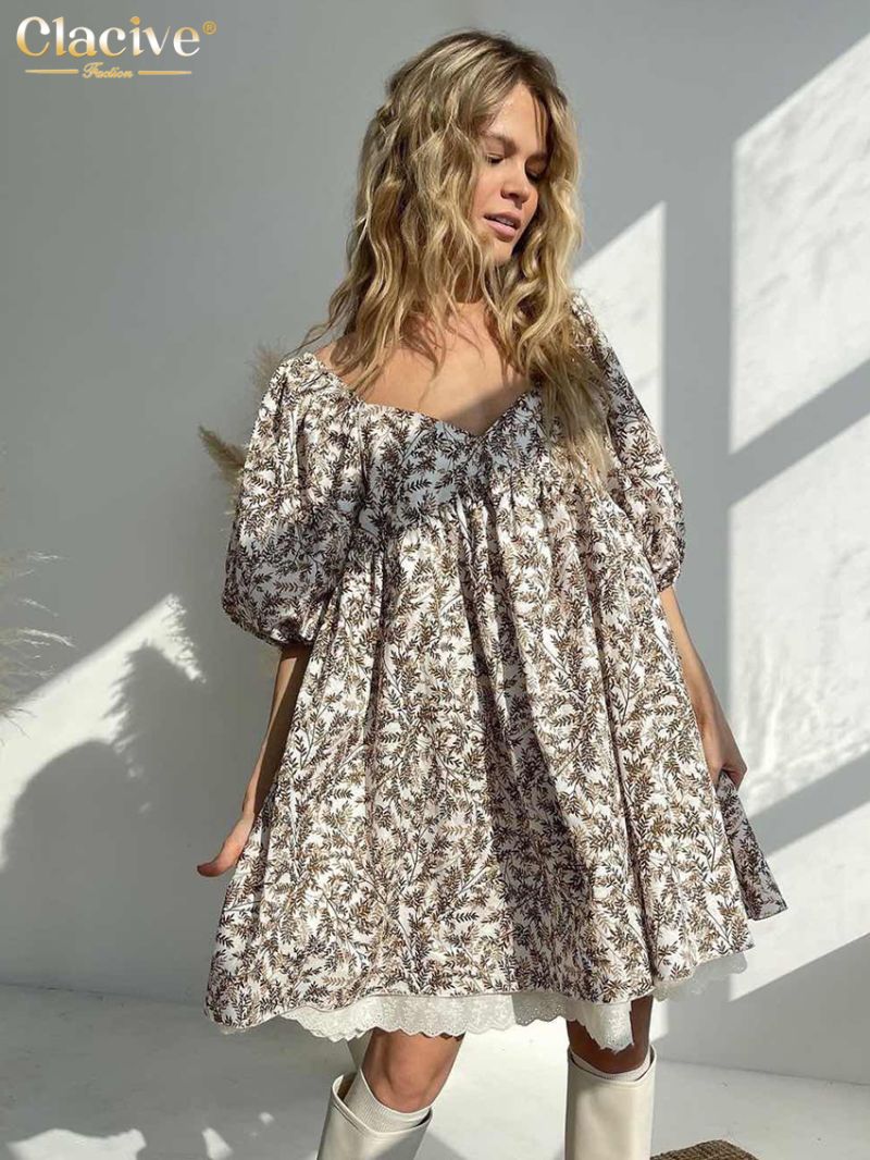 Clacive Summer Loose Pritn Women'S Dress 2023 Fashion V-Neck Short Sleeve Office Mini Dresses Elegant Patchwork Female Dress