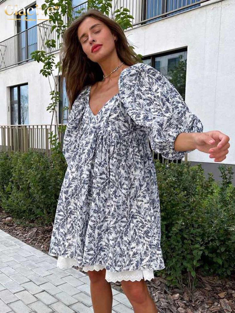 Clacive Summer Loose Pritn Women'S Dress 2023 Fashion V-Neck Short Sleeve Office Mini Dresses Elegant Patchwork Female Dress