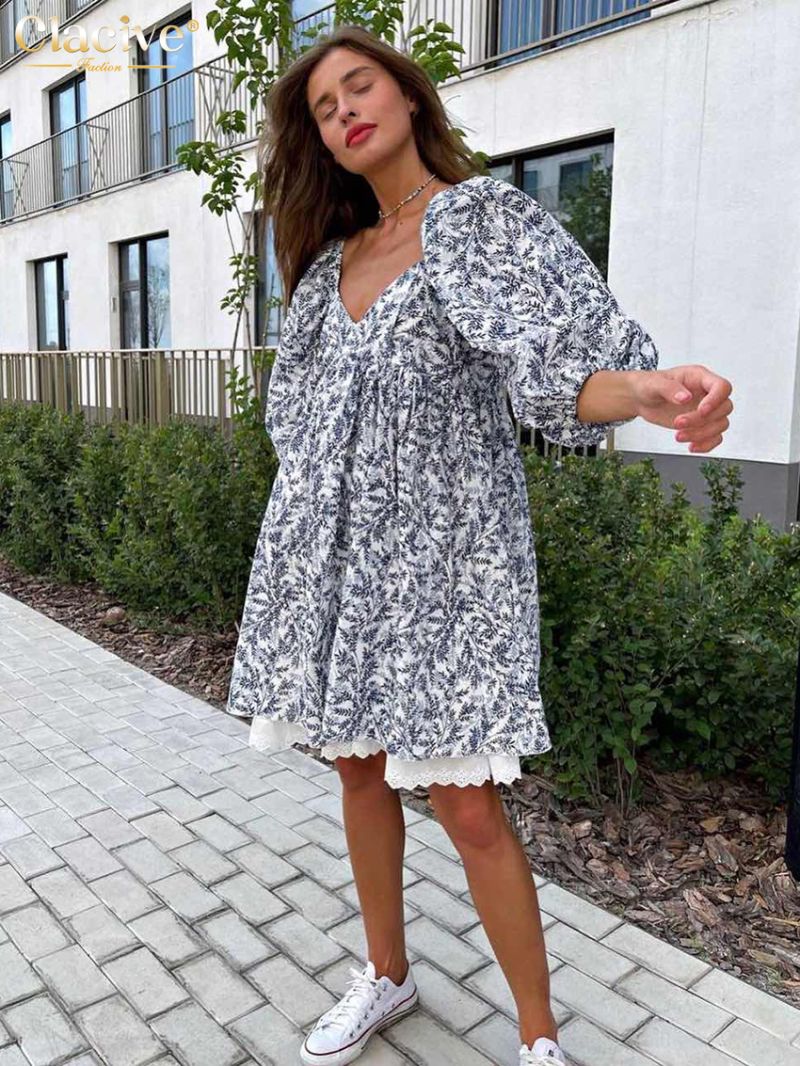 Clacive Summer Loose Pritn Women'S Dress 2023 Fashion V-Neck Short Sleeve Office Mini Dresses Elegant Patchwork Female Dress