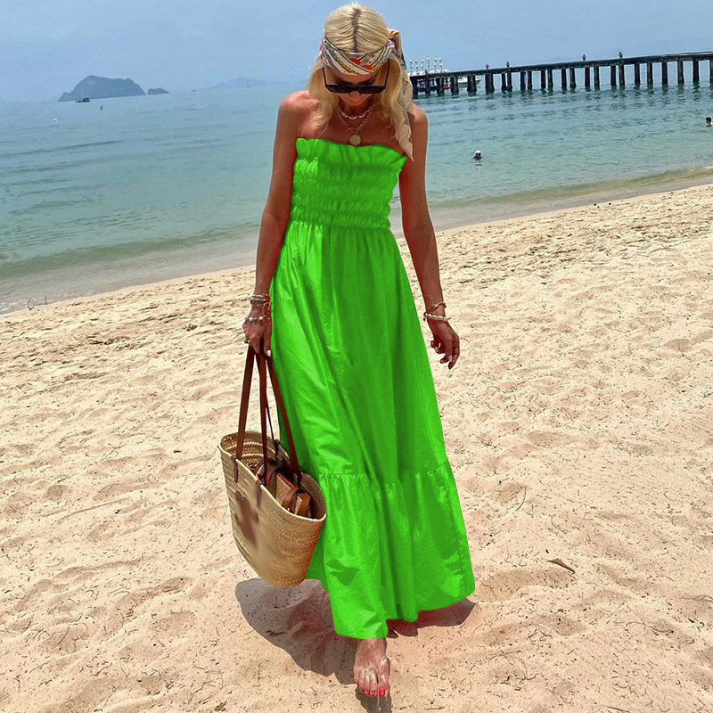 Elegant Off Shoulder Sleeveless Holiday Party Dress 2023 Casual Solid Waist Long Dress Sexy Ruffle Strapless Pleated Beach Dress