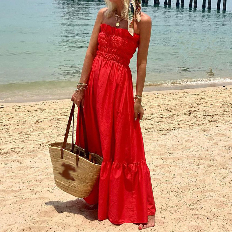 Elegant Off Shoulder Sleeveless Holiday Party Dress 2023 Casual Solid Waist Long Dress Sexy Ruffle Strapless Pleated Beach Dress