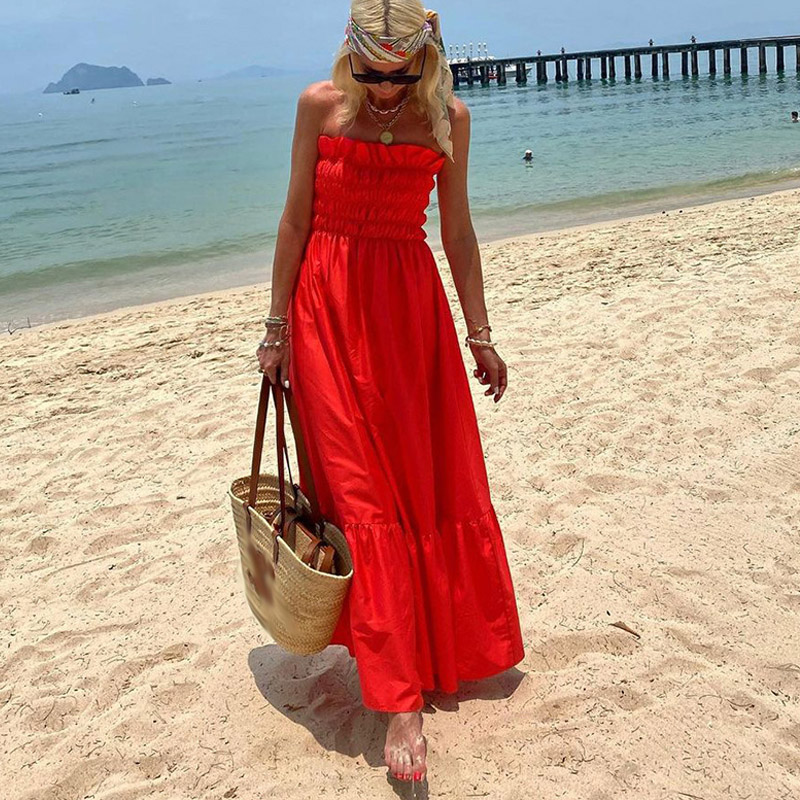 Elegant Off Shoulder Sleeveless Holiday Party Dress 2023 Casual Solid Waist Long Dress Sexy Ruffle Strapless Pleated Beach Dress