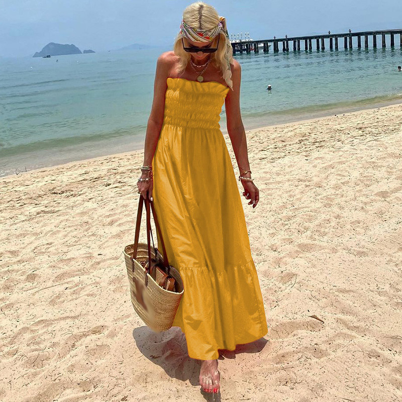 Elegant Off Shoulder Sleeveless Holiday Party Dress 2023 Casual Solid Waist Long Dress Sexy Ruffle Strapless Pleated Beach Dress