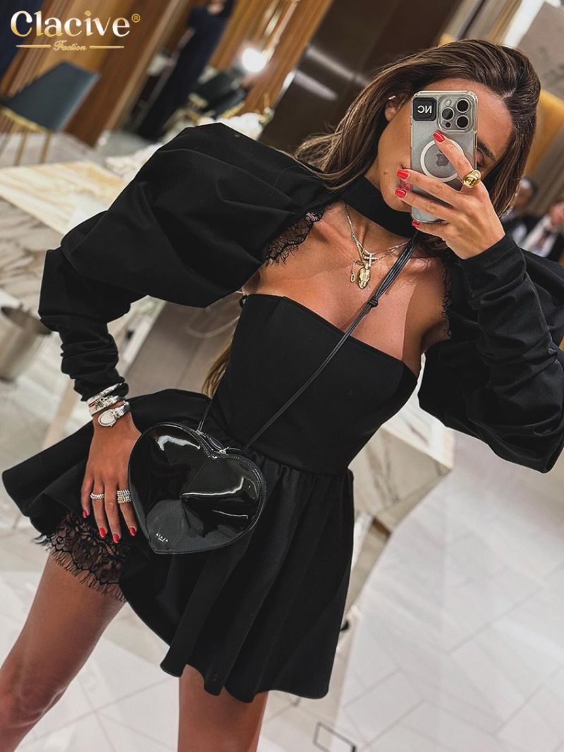 Clacive Sexy Slim Black Women's Dress 2024 Bodycon Stand Collar Long Sleeve Mini Dresses Elegant Lace Spliced Female Dress