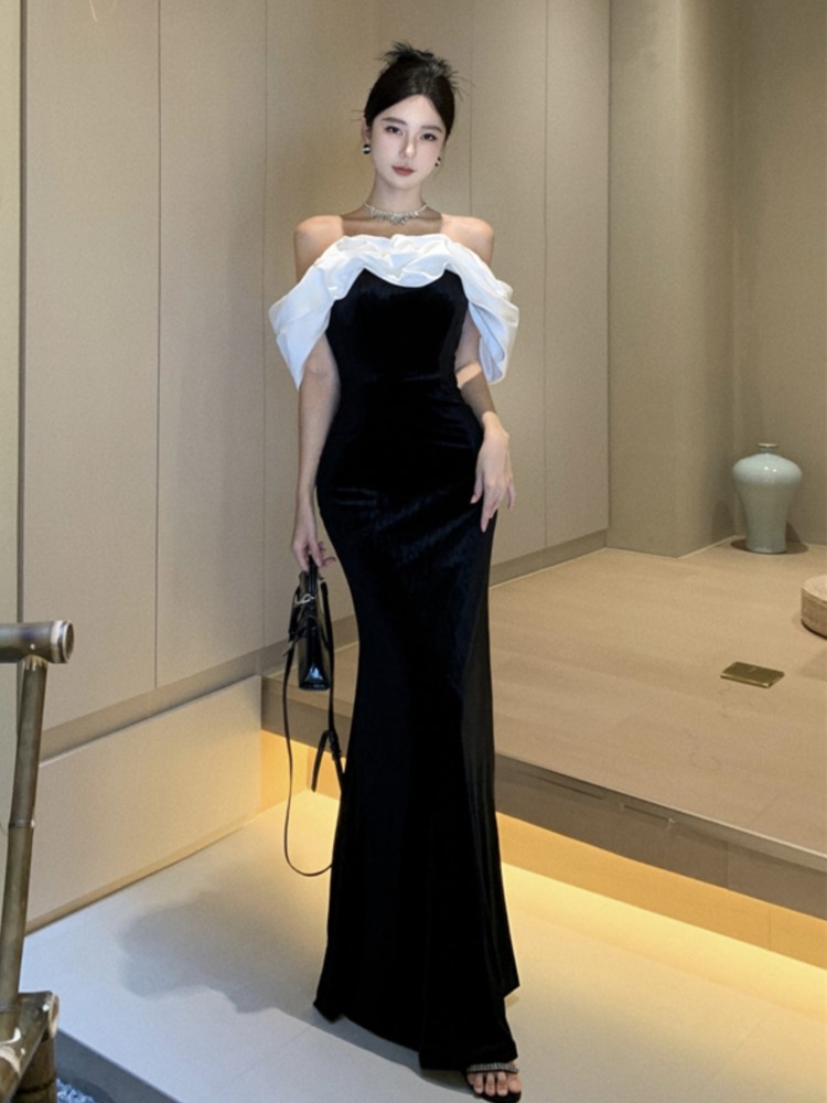 Sexy Bodycon Black Velvet Evening Party Dress Slash Neck Slim Mermaid Long Dresses for Women Prom Robe Wedding Vestidos Mujer