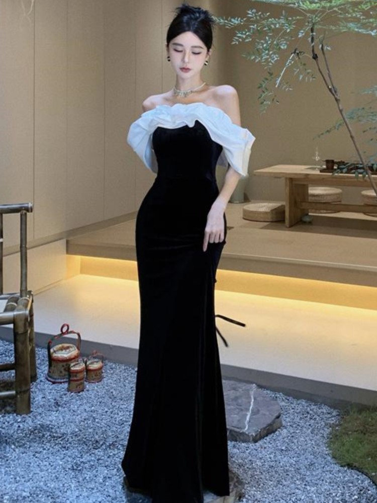 Sexy Bodycon Black Velvet Evening Party Dress Slash Neck Slim Mermaid Long Dresses for Women Prom Robe Wedding Vestidos Mujer