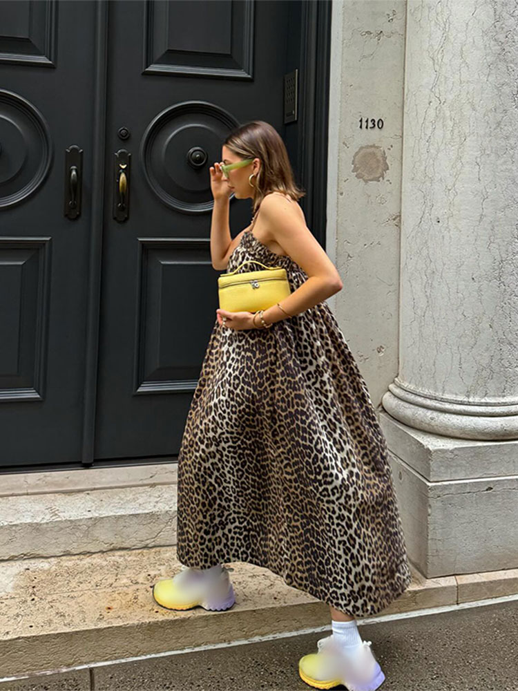 Fashion Leopard Printed Loose Sling Dress Sexy Off Shoulder Backless Sleeveless Long Dresses Summer Women High Street Robes