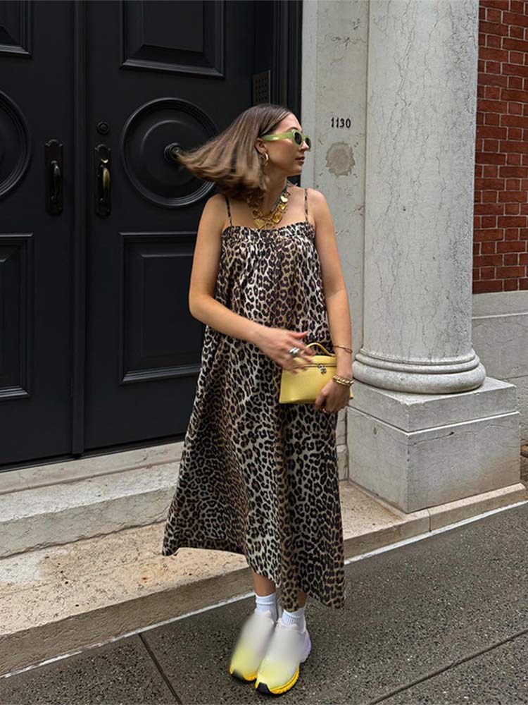 Fashion Leopard Printed Loose Sling Dress Sexy Off Shoulder Backless Sleeveless Long Dresses Summer Women High Street Robes