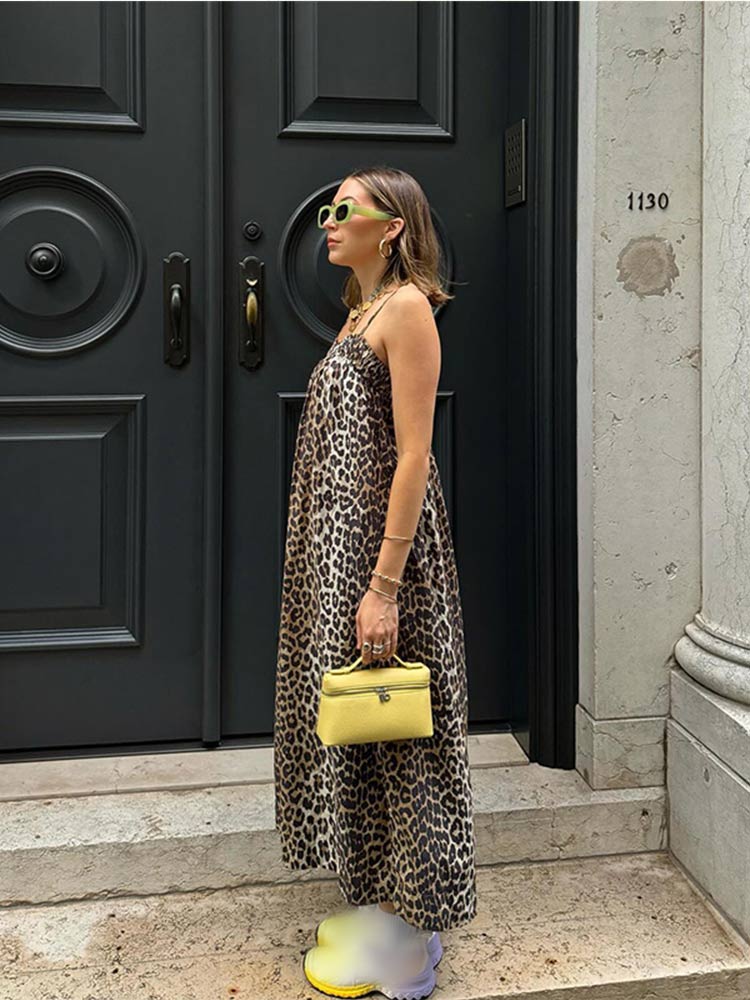 Fashion Leopard Printed Loose Sling Dress Sexy Off Shoulder Backless Sleeveless Long Dresses Summer Women High Street Robes