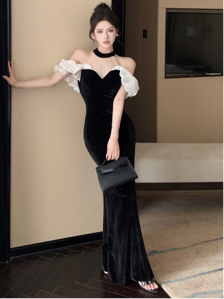 Sexy Halter Black Velvet Long Dresses for Women Mesh Patchwork Slim Mermaid Evening Party Dress Prom Robe Vestidos Mujer New