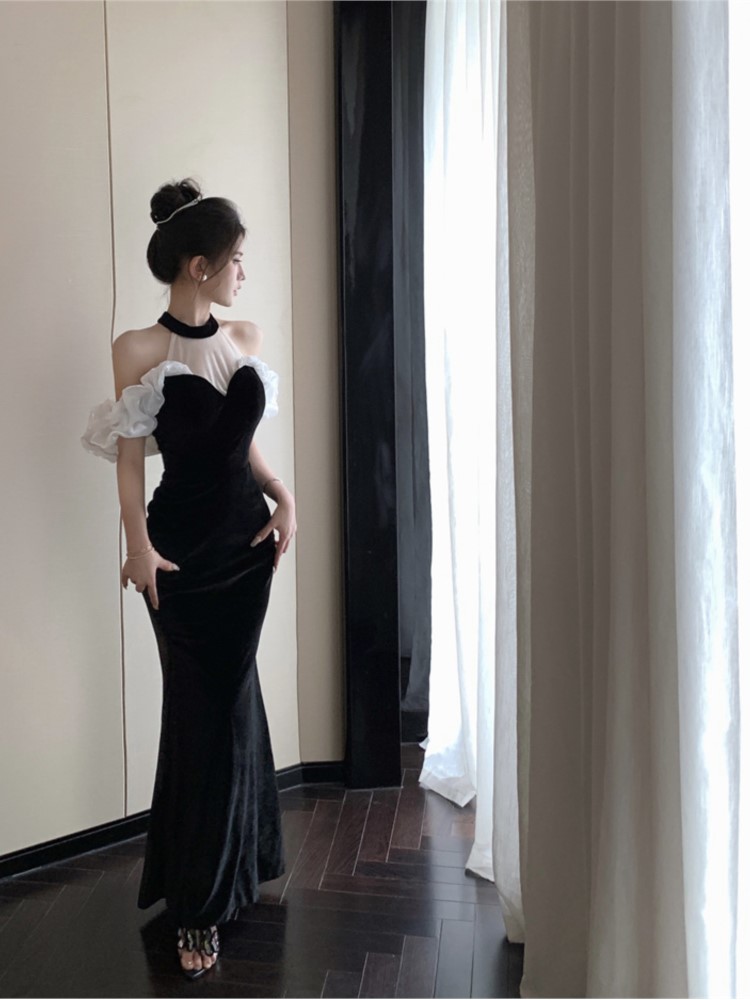 Sexy Halter Black Velvet Long Dresses for Women Mesh Patchwork Slim Mermaid Evening Party Dress Prom Robe Vestidos Mujer New