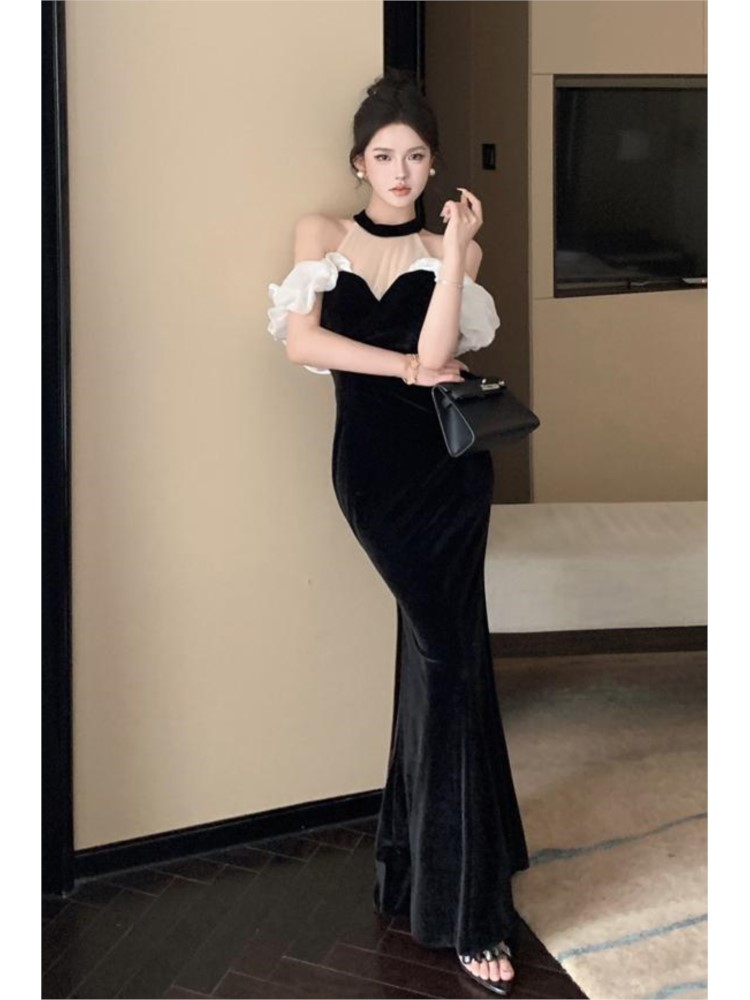 Sexy Halter Black Velvet Long Dresses for Women Mesh Patchwork Slim Mermaid Evening Party Dress Prom Robe Vestidos Mujer New