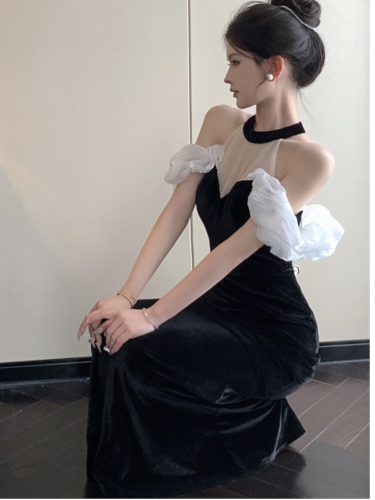 Sexy Halter Black Velvet Long Dresses for Women Mesh Patchwork Slim Mermaid Evening Party Dress Prom Robe Vestidos Mujer New