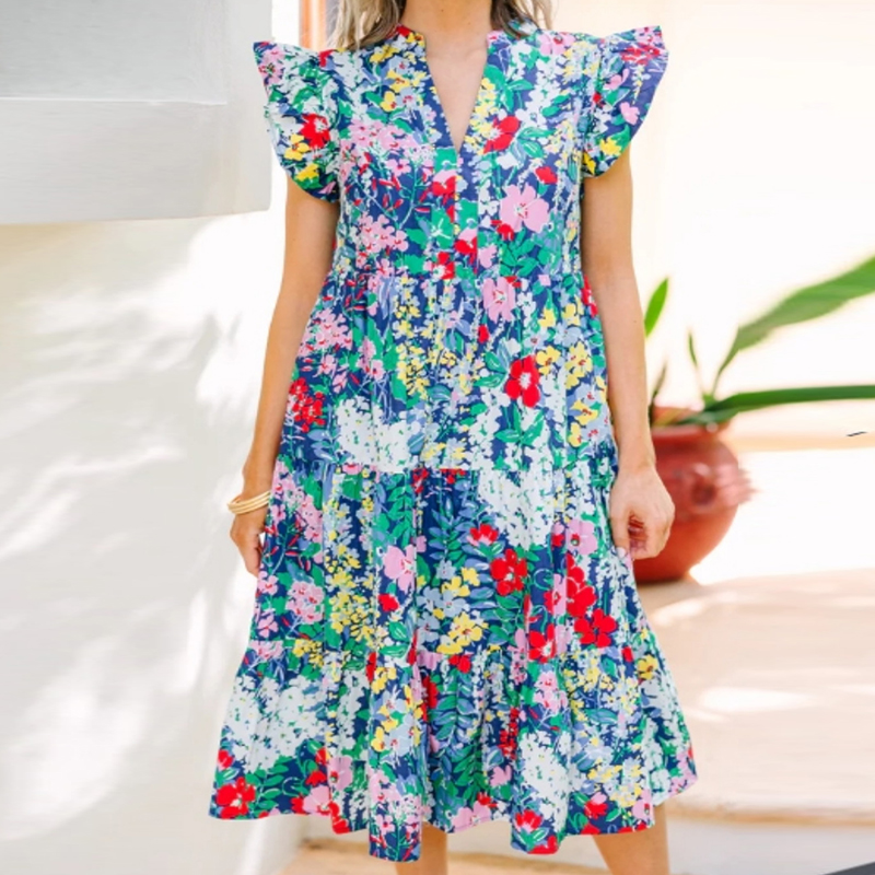 2024 Summer Sexy V Neck Flying Sleeve Beach Dress Casual Ruffle Pleated Long Dress Women Fashion Floral Print Bohemian Dresses