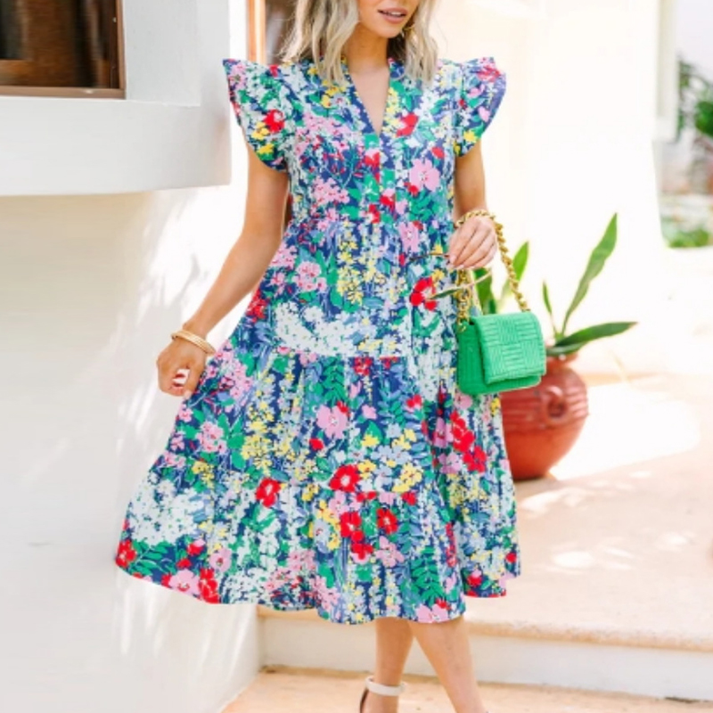 2024 Summer Sexy V Neck Flying Sleeve Beach Dress Casual Ruffle Pleated Long Dress Women Fashion Floral Print Bohemian Dresses