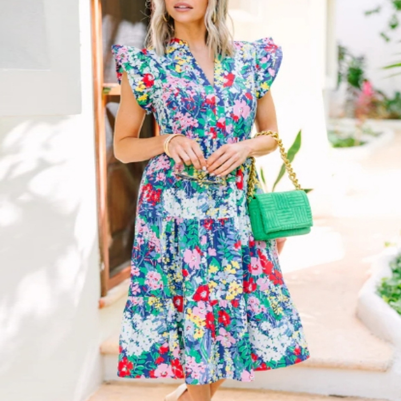 2024 Summer Sexy V Neck Flying Sleeve Beach Dress Casual Ruffle Pleated Long Dress Women Fashion Floral Print Bohemian Dresses