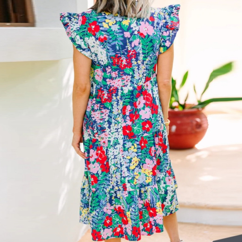 2024 Summer Sexy V Neck Flying Sleeve Beach Dress Casual Ruffle Pleated Long Dress Women Fashion Floral Print Bohemian Dresses