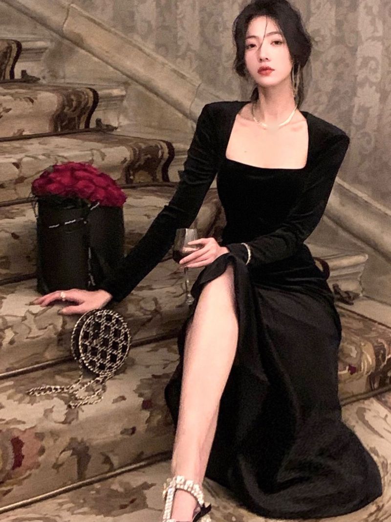 Elegant Velvet Long Dresses For Women Square Collar Slim Mermaid Autumn Winter Evening Party Prom Robe One Piece Vestidos Mujer