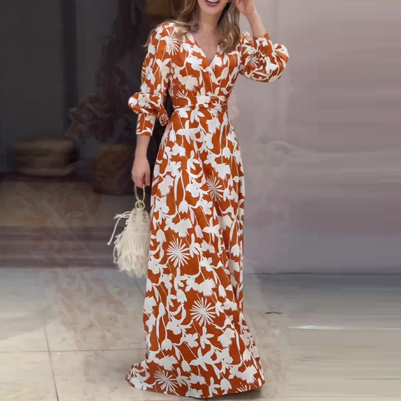 Vintage Pattern Printed High Waisted Long Dress New Autumn Women's V-neck Lantern Sleeve Party Dress Elegant Pleated Robe Dress