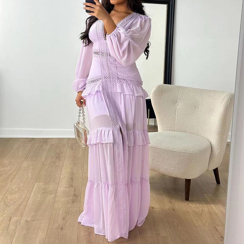 Spring Autumn V Neck Lace Patchwork Women's Dress New Casual Ruffled Pleated Evening Dress Elegant Long Sleeved High Waist Dress