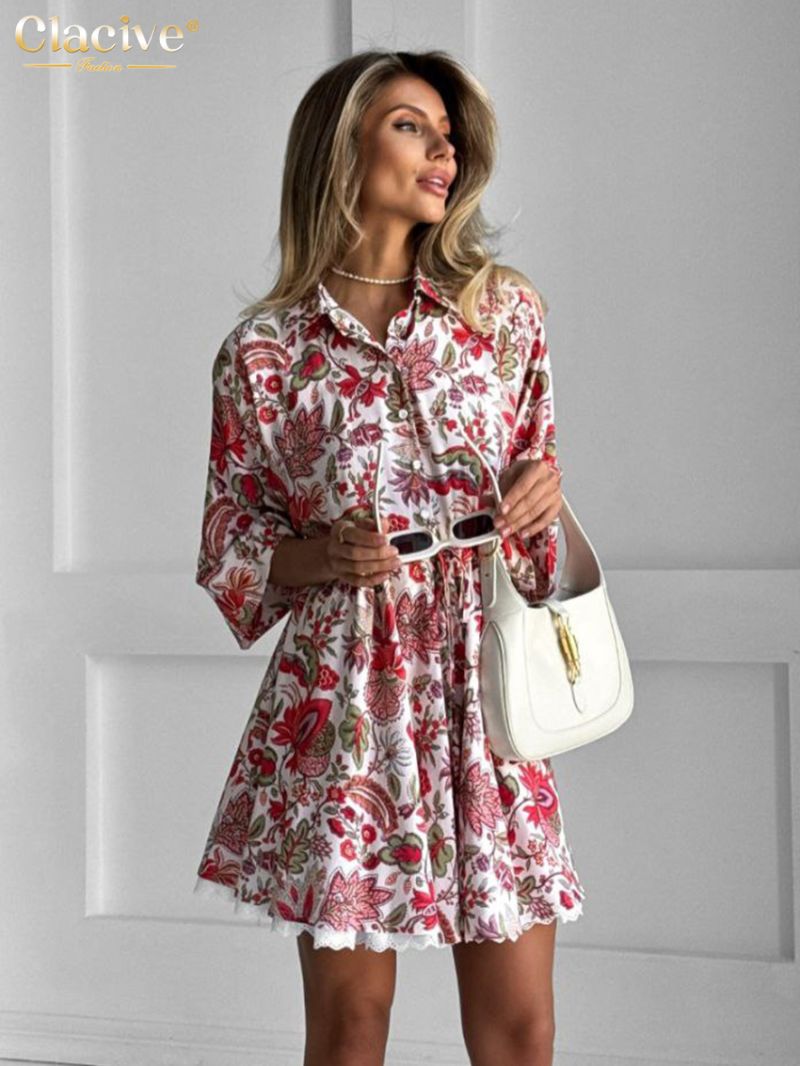 Clacive Fashion Loose Print Women's Dress 2024 Elegant Lapel Long Sleeve Mini Dresses Casual Patchwork Pleated Female Dress