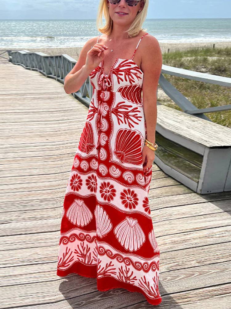 Women Sexy Sleeveless Backless V-neck Long Dress Fashion Printed Lace Up Maxi Sling Dresses Summer Lady Vocation Beach Robes