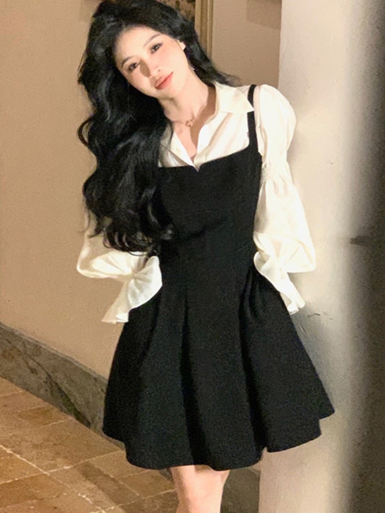 French Vintage Two-piece Dress Set Women Puff Sleeve Shirt Black Spaghetti Strap A-line Dress Korean Fashion Autumn Outfits New