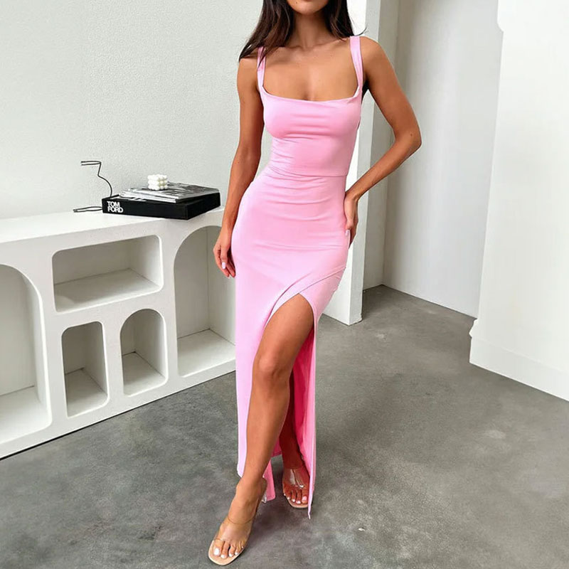 Elegant Square Neck Hollow Slim Club Party Dress Fashion Sleeveless High Waist Suspender Dress Summer Tight Split Long Dresses