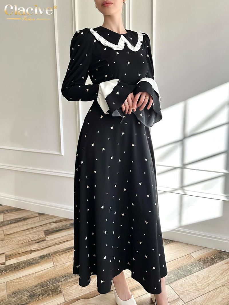 Clacive Fashion Loose Print Women's Dress 2024 Elegant Lapel Long Sleeve Ankle Length Dresses Casual High Waist Female Dress