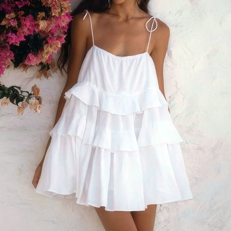 Casual Suspender Solid Holiday Dress Female Fashion Layered Ruffled Cake Dress Sexy Backless High Waist Summer Short Dress Mujer