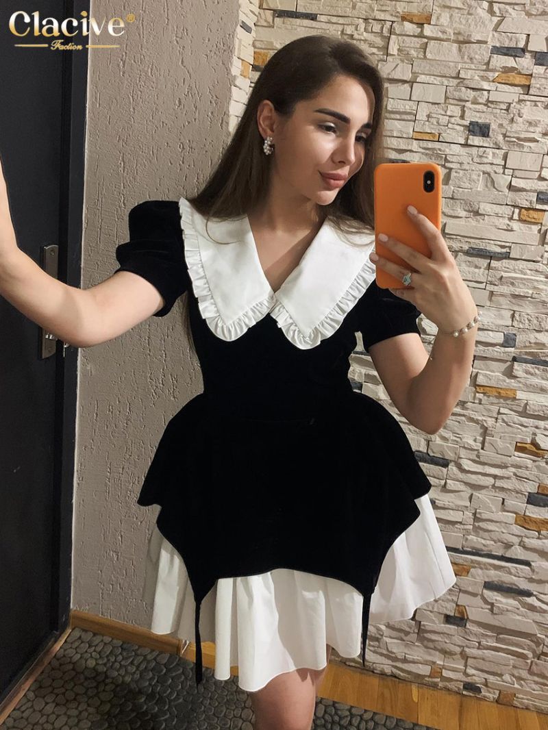 Clacive Fashion Black Patchwork Women'S Dresses 2023 Elegant Doll Collar Short Sleeve Mini Dress Lady Casual Office Female Dress