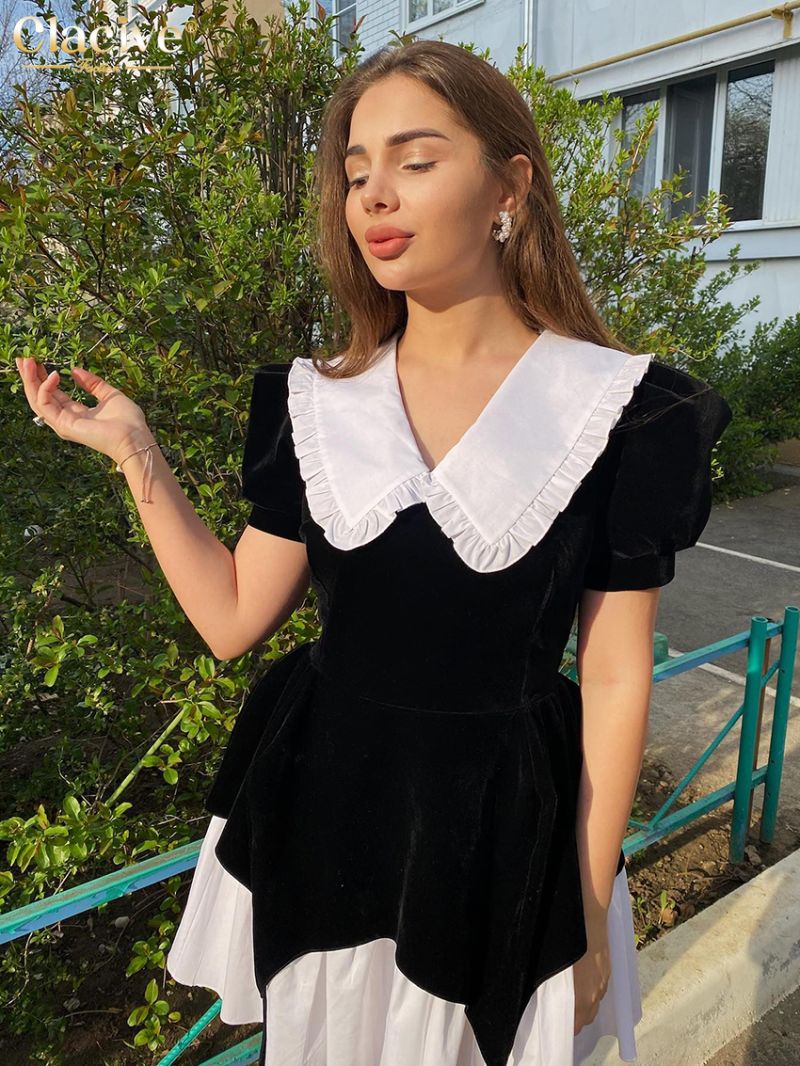 Clacive Fashion Black Patchwork Women'S Dresses 2023 Elegant Doll Collar Short Sleeve Mini Dress Lady Casual Office Female Dress