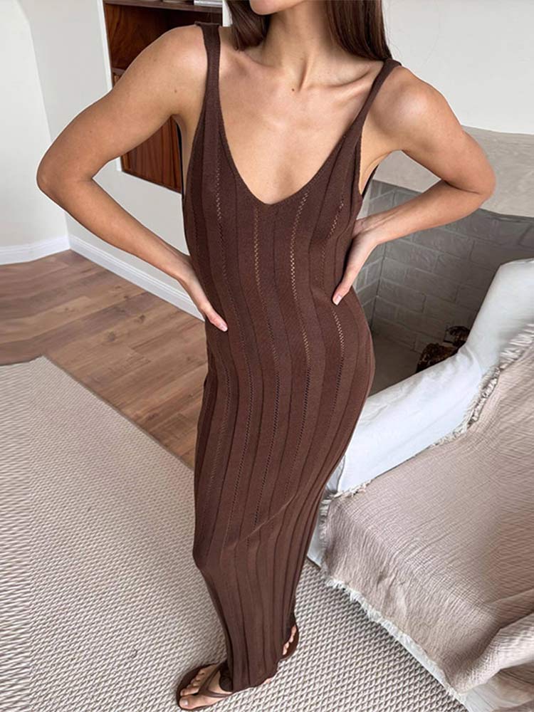 Sexy Hollow Out Backless Knitted Dress Women Elegant Slim V Neck Sleeveless Maxi Dresses 2024 New Female Club Party Robes