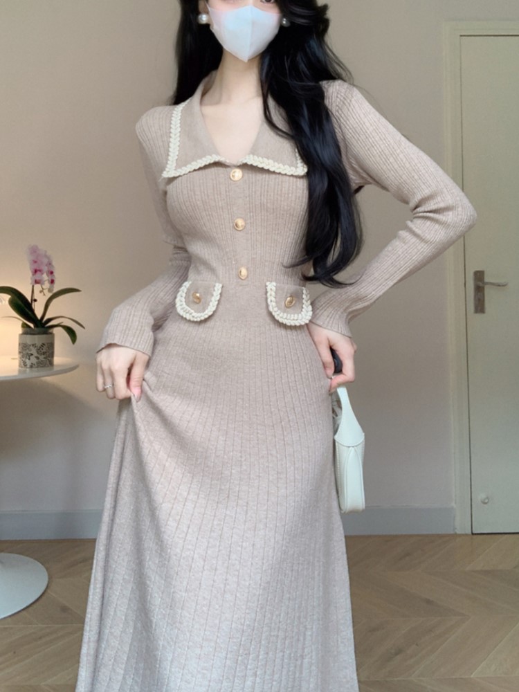 Autumn Winter Knitted Dresses for Women Turn-down Collar Korean Fashion A-line Casual Solid Dress Slim Vestidos Mujer 2024 New