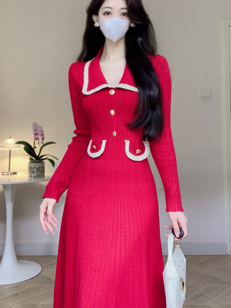 Autumn Winter Knitted Dresses for Women Turn-down Collar Korean Fashion A-line Casual Solid Dress Slim Vestidos Mujer 2024 New