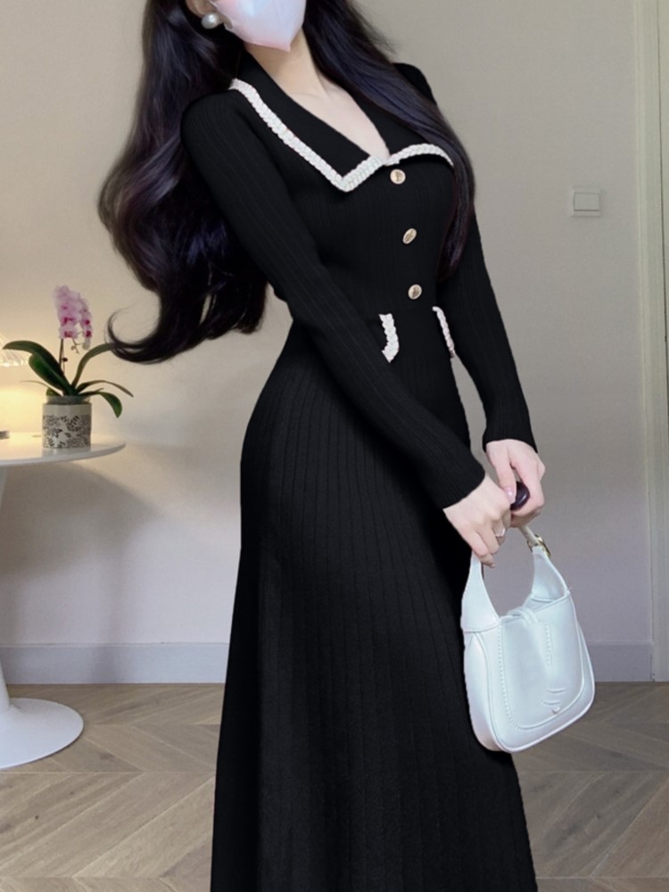 Autumn Winter Knitted Dresses for Women Turn-down Collar Korean Fashion A-line Casual Solid Dress Slim Vestidos Mujer 2024 New